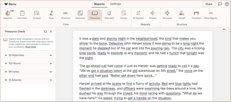 screenshot of the prowritingaid thesaurus check